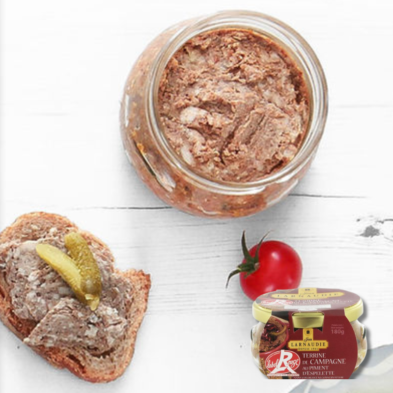 **ON SPECIAL Best Before: 06/07/24 Country Terrine w/ Espelette Pepper Glass Jar 180g - Jean Larnaudie
