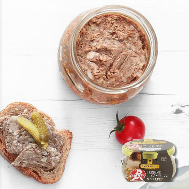 **ON SPECIAL Best Before: 06/07/24 Country Terrine w/ Porcini Mushrooms Glass Jar 180g - Jean Larnaudie